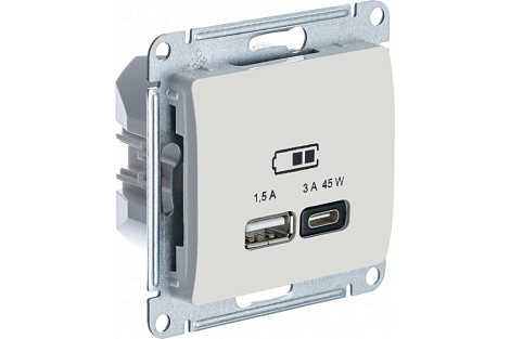 Розетка 1 СП USB A+тип-С 45W высокоскор.заряд QC,PD механизм SE GLOSSA бежевый