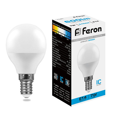 Лампа светодиодная Е14  7Вт 6400К 230В шарик LB-95 Feron